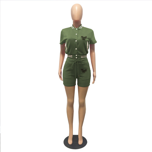 Fashion Army Green Short Sleeve Threaded Baseball Uniform Two Pieces for Summer