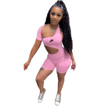 Summer Pink One Shoulder Bodysuit Sexy Cut Out Romper