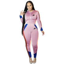 Spring Fashion Pink Stitching Casual Sports Hooded Tracksuit Set Womens