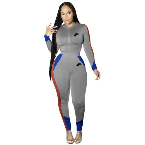 Spring Fashion Grey Stitching Casual Sports Hooded Tracksuit Set Womens
