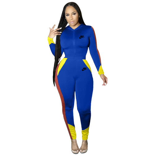 Spring Fashion Blue Stitching Casual Sports Hooded Tracksuit Set Womens