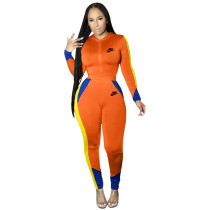 Spring Fashion Orange Stitching Casual Sports Hooded Tracksuit Set Womens