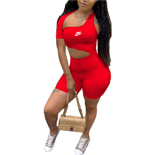 Summer Red One Shoulder Bodysuit Sexy Cut Out Romper