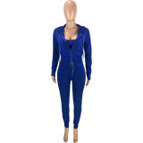 Solid Blue Zipper Hoodie Cardigan Outwear Cami Top and Long Pants 3 Piece Sets