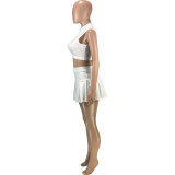 White Fashion Summer Female Sleeveless Two Pieces Lapel Zipper Vest Pleated Skirt