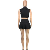 Black Fashion Summer Female Sleeveless Two Pieces Lapel Zipper Vest Pleated Skirt