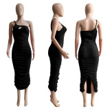 Solid Color Black Straps Pleated Pyrography Stacked Maxi Dress