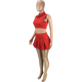 Red Fashion Summer Female Sleeveless Two Pieces Lapel Zipper Vest Pleated Skirt
