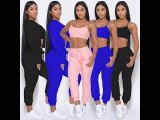 Solid Pink Zipper Hoodie Cardigan Outwear Cami Top and Long Pants 3 Piece Sets