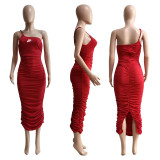 Solid Color Red Straps Pleated Pyrography Stacked Maxi Dress