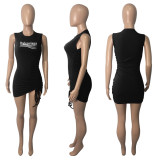Summer Black Sleeveless Padded Shoulder Stacked Sexy Dress