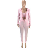 Solid Pink Zipper Hoodie Cardigan Outwear Cami Top and Long Pants 3 Piece Sets