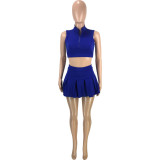 Royal Blue Fashion Summer Female Sleeveless Two Pieces Lapel Zipper Vest Pleated Skirt