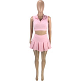 Pink Fashion Summer Female Sleeveless Two Pieces Lapel Zipper Vest Pleated Skirt