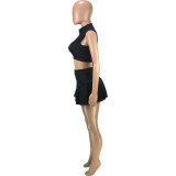 Black Fashion Summer Female Sleeveless Two Pieces Lapel Zipper Vest Pleated Skirt