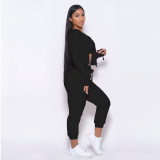 Solid Black Zipper Hoodie Cardigan Outwear Cami Top and Long Pants 3 Piece Sets