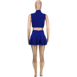 Royal Blue Fashion Summer Female Sleeveless Two Pieces Lapel Zipper Vest Pleated Skirt