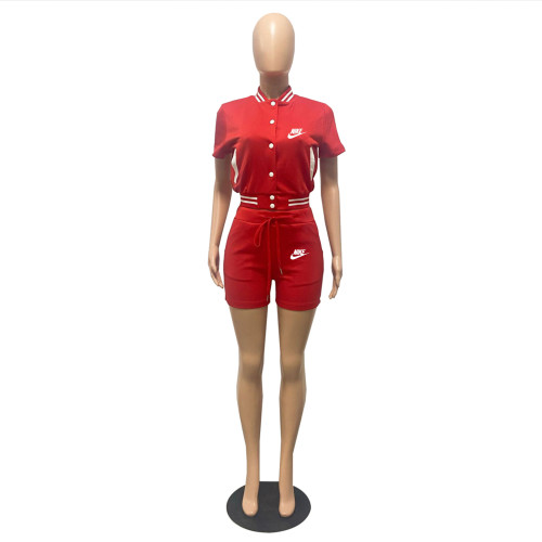 Summer Casual Red Short Sleeve Threaded Baseball Uniform Shorts Sets Two Pieces