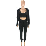 Solid Black Zipper Hoodie Cardigan Outwear Cami Top and Long Pants 3 Piece Sets