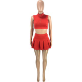 Red Fashion Summer Female Sleeveless Two Pieces Lapel Zipper Vest Pleated Skirt