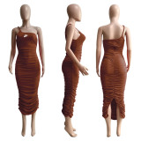 Solid Color Brown Straps Pleated Pyrography Stacked Maxi Dress