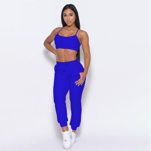 Solid Blue Zipper Hoodie Cardigan Outwear Cami Top and Long Pants 3 Piece Sets