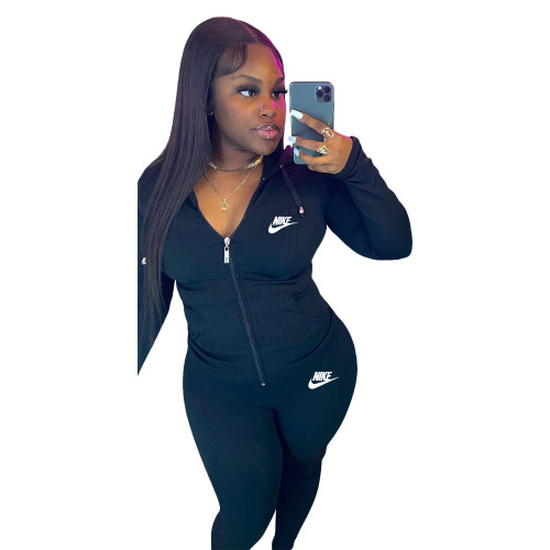 Casual Black Sports Women Clothes Printed Pit Hooded Cardigan Pant Set