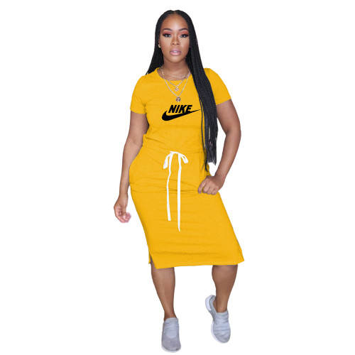 Summer Yellow Short Sleeve Pocketed Elastic Printed Midi Dress