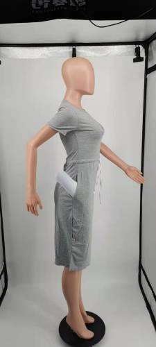 Summer Grey Short Sleeve Pocketed Elastic Printed Midi Dress