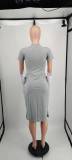 Summer Grey Short Sleeve Pocketed Elastic Printed Midi Dress