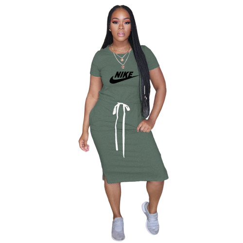 Summer Green Short Sleeve Pocketed Elastic Printed Midi Dress