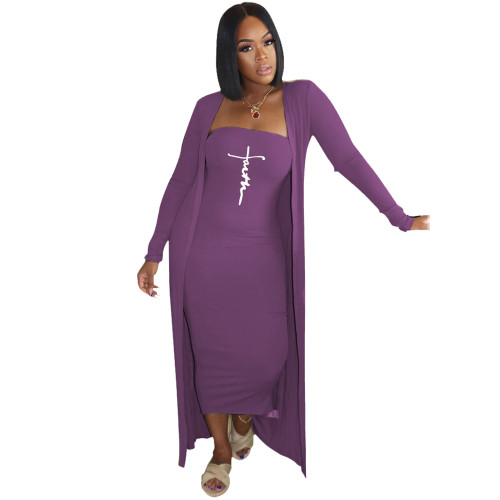 Solid Purple Printed Strapless Tube Midi Dress with Long Sleeve Cardigan