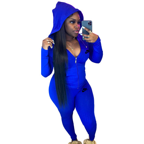 Casual Blue Sports Women Clothes Printed Pit Hooded Cardigan Pant Set