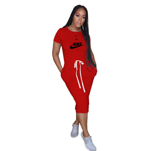 Summer Red Short Sleeve Pocketed Elastic Printed Midi Dress