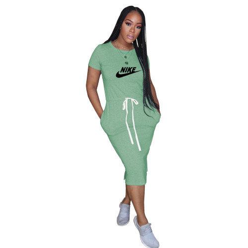 Summer Light Green Short Sleeve Pocketed Elastic Printed Midi Dress