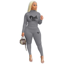 Casual Grey Printed High Collar Two Piece Pant Set Outfit for Adults
