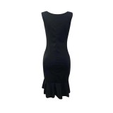 Black Women Summer 2022 Fashion Trend Sexy V-neck Solid Sleeveless Pleated Button Dress