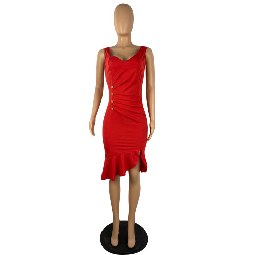 Red Women Summer 2022 Fashion Trend Sexy V-neck Solid Sleeveless Pleated Button Dress