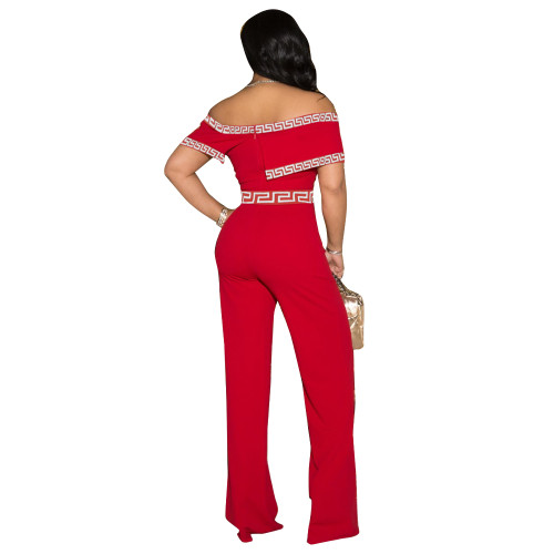 Sexy Red Off Shoulder Printed Jumpsuit with Invisible Zipper