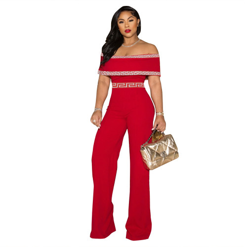 Sexy Red Off Shoulder Printed Jumpsuit with Invisible Zipper
