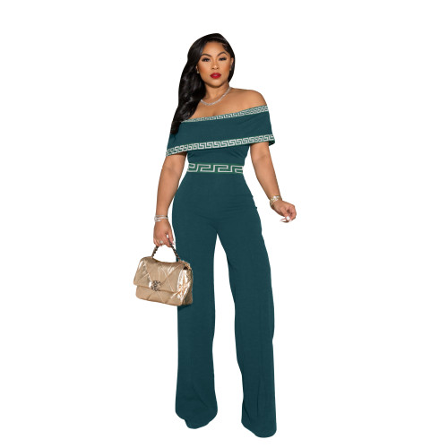 Sexy Green Off Shoulder Printed Jumpsuit with Invisible Zipper