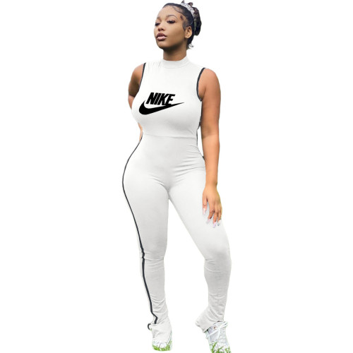 Fashion White Pyrography Stitching Slit Sleeveless Sports Jumpsuit