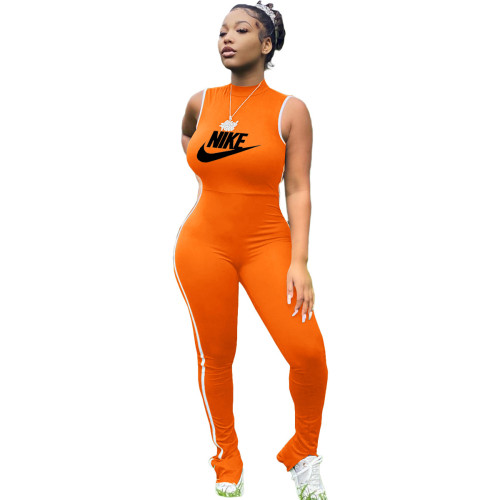 Fashion Orange Pyrography Stitching Slit Sleeveless Sports Jumpsuit