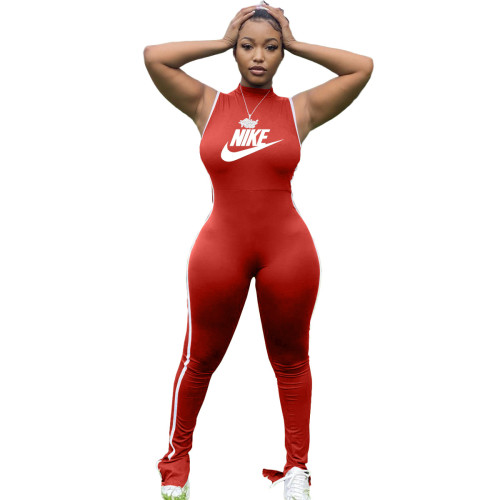 Fashion Red Pyrography Stitching Slit Sleeveless Sports Jumpsuit