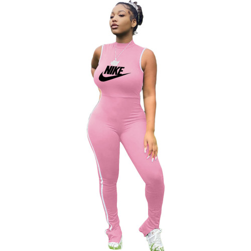 Fashion Pink Pyrography Stitching Slit Sleeveless Sports Jumpsuit