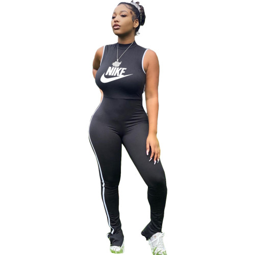 Fashion Black Pyrography Stitching Slit Sleeveless Sports Jumpsuit