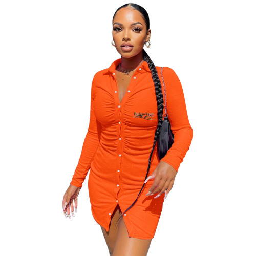 Orange Pyrography Letter Ribbed Single-breasted Button Up Dress