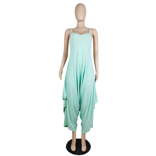 Pale Green One Piece Outfits Women Casual Sleeveless Strap Wide Leg Jumpsuits