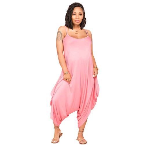 Pink One Piece Outfits Women Casual Sleeveless Strap Wide Leg Jumpsuits