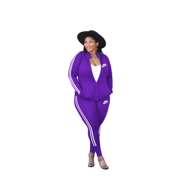 Casual Purple Printed Brand Logo High Neck Two Piece Sportswear